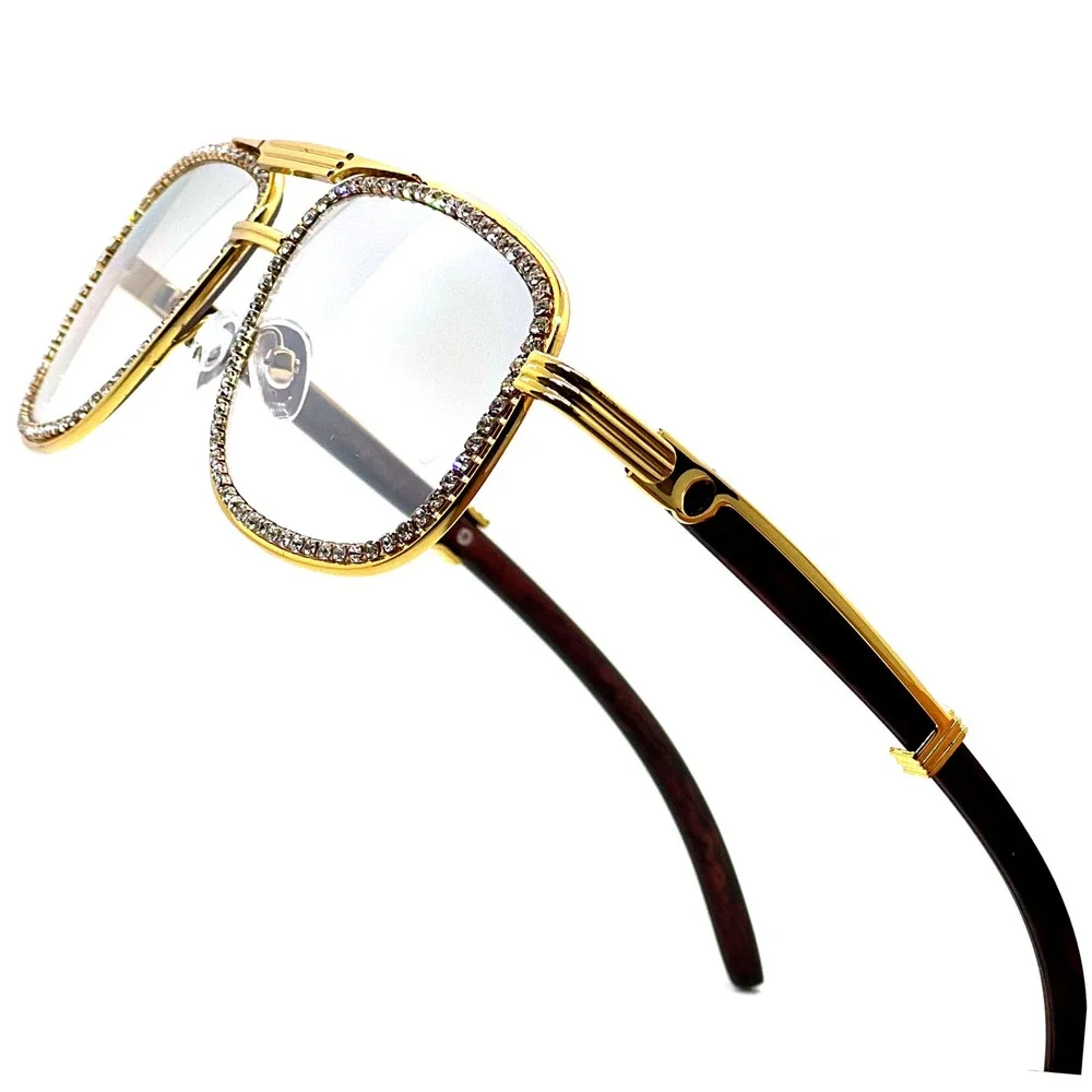 Rhinestone Sunglasses Gold Frame Wood Arms Hip Hop Fashion Men Bling Street Wear